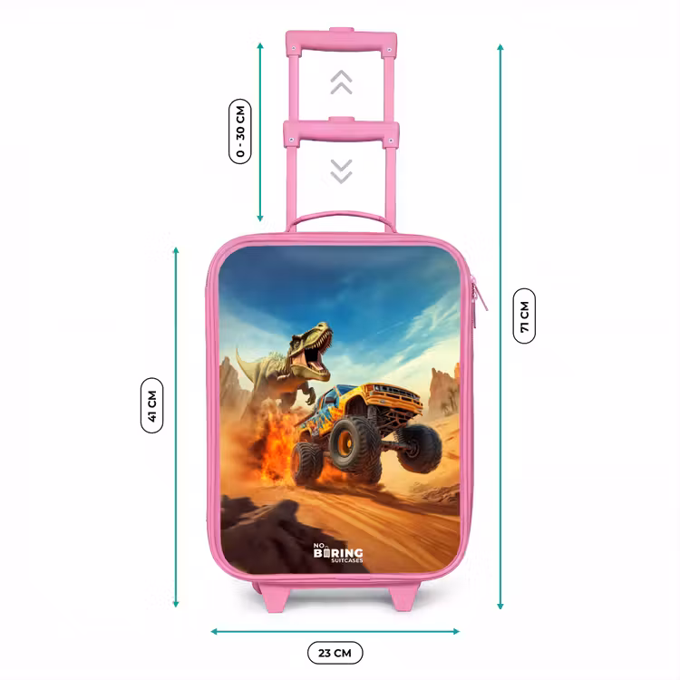 Vluchtende truck voor T-Rex in vurige woestijn Kinderkoffer - Roze klein -productfoto_formaten