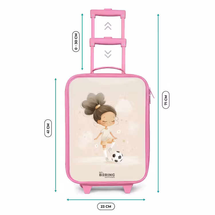 Meisje met een voetbal in beige kleuren Kinderkoffer - Roze klein -productfoto_formaten