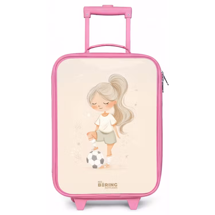 Meisje met een voetbal in beige kleuren Kinderkoffer - Roze klein -zz3dotto