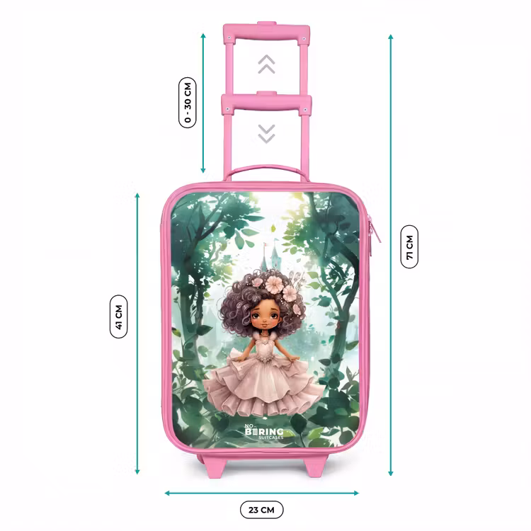 Meisje met donkere krullen in het bos Kinderkoffer - Roze klein -productfoto_formaten