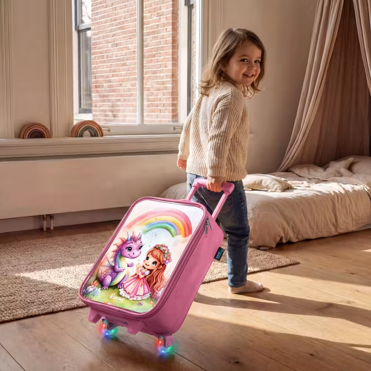 Meisje met paarse draak onder regenboog Kinderkoffer - Roze klein -sfeer1