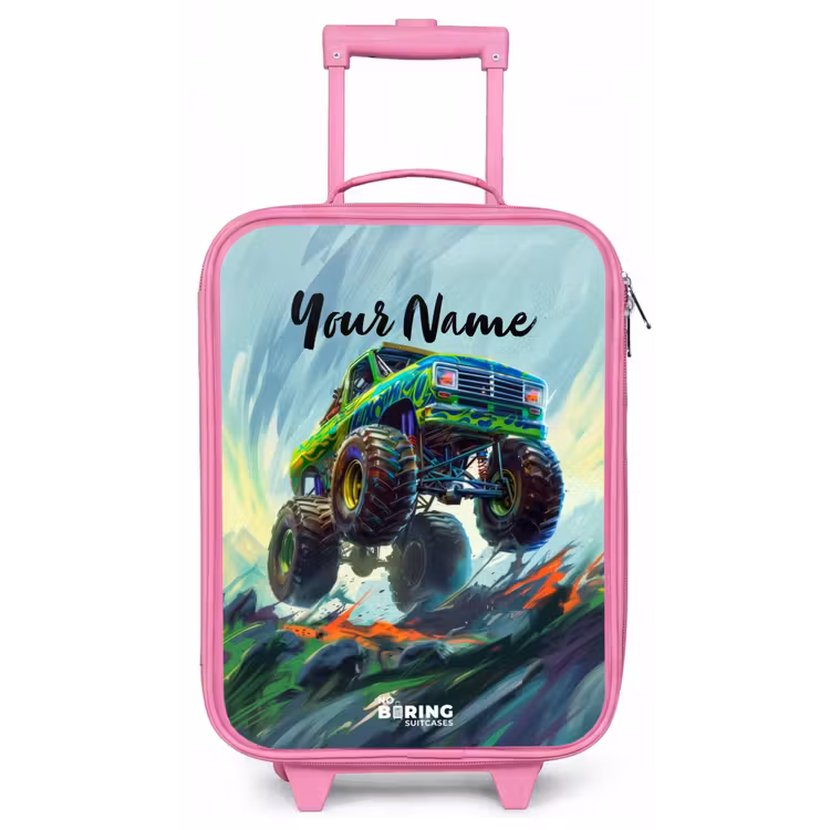 Groene Monstertruck met Penseelstreken Kinderkoffer - Roze klein -zz3dotto