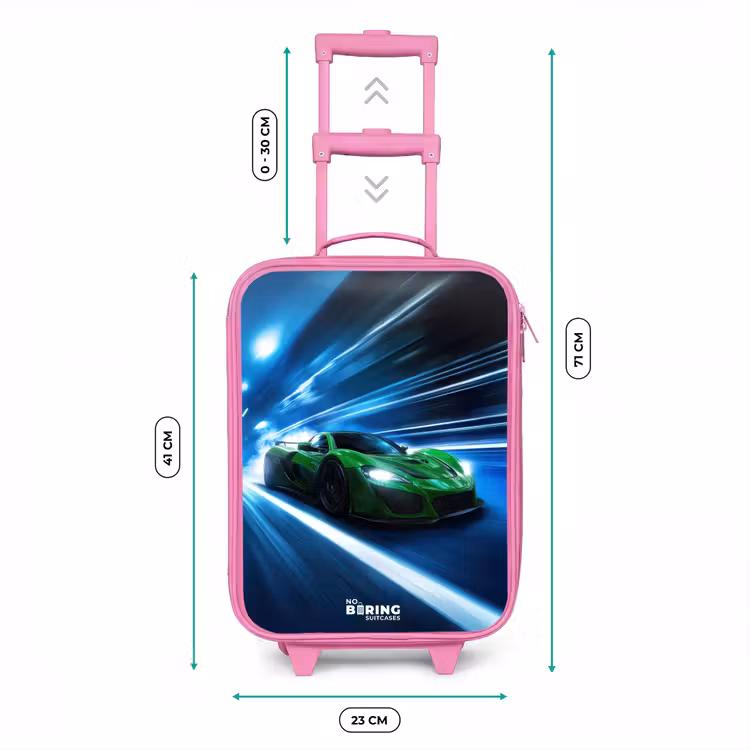 Groene supercar flitst door neonlicht Kinderkoffer - Roze klein -productfoto_formaten