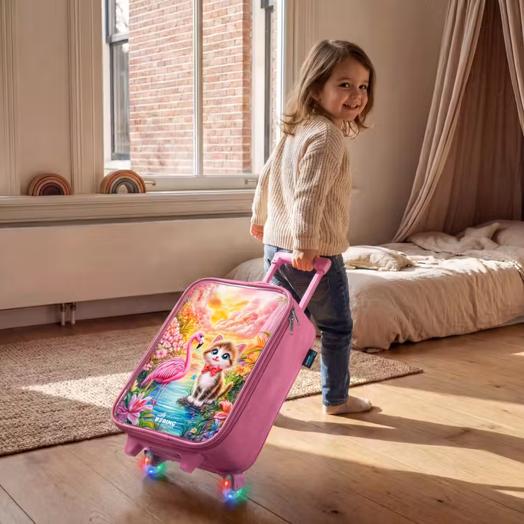 Kitten met flamingo in tropisch bloemenparadijs Kinderkoffer - Roze klein -sfeer1