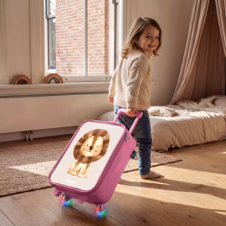 Leeuw illustratie met beige achtergrond Kinderkoffer - Roze klein -sfeer1