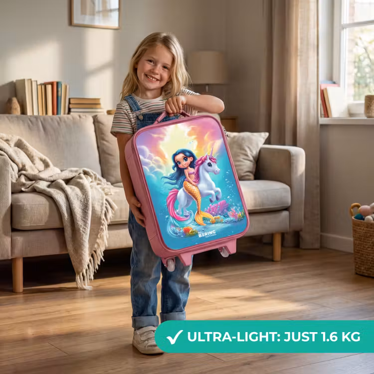 Zeemeermin met gouden staart met een witte eenhoorn Kinderkoffer - Roze klein -sfeer2_EN