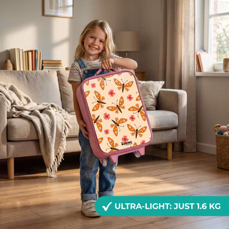 Oranje vlinders en roze bloemen op beige achtergrond Kinderkoffer - Roze klein -sfeer2_EN