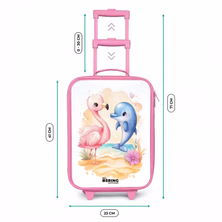 Roze flamingo en blauwe dolfijn op een strand Kinderkoffer - Roze klein -productfoto_formaten