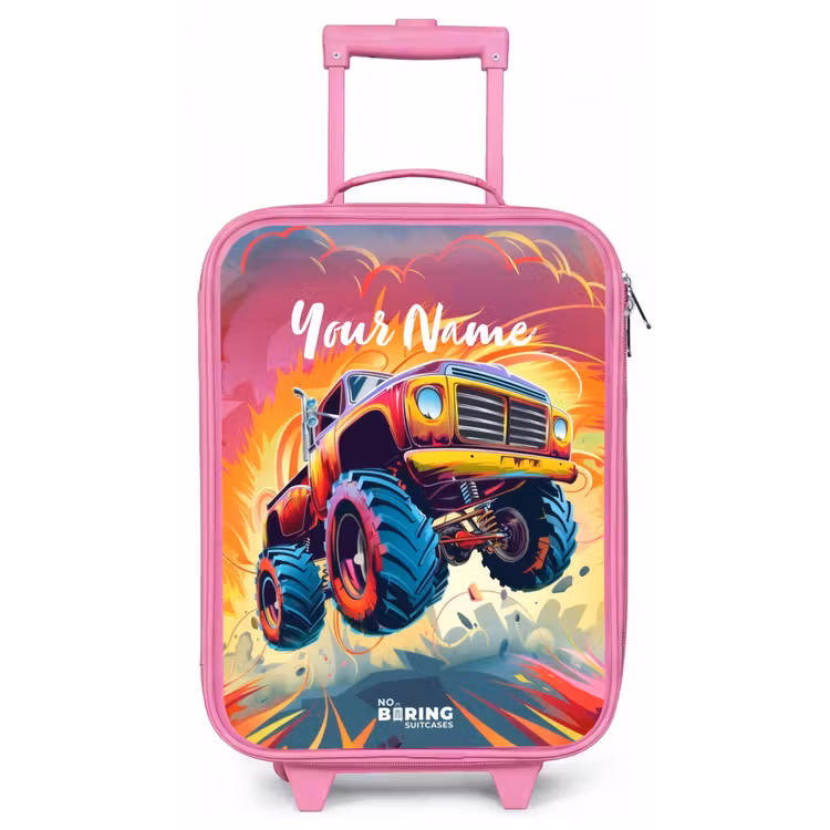 Roze Monstertruck Vliegt over het Asfalt Kinderkoffer - Roze klein -zz3dotto
