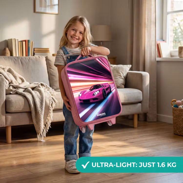 Roze raceauto flitst door neonlicht Kinderkoffer - Roze klein -sfeer2_EN