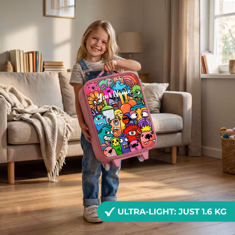 Knallende gekleurde monsters Kinderkoffer - Roze klein -sfeer2_EN