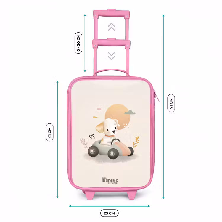Puppy in een raceauto in beige kleuren Kinderkoffer - Roze klein -productfoto_formaten