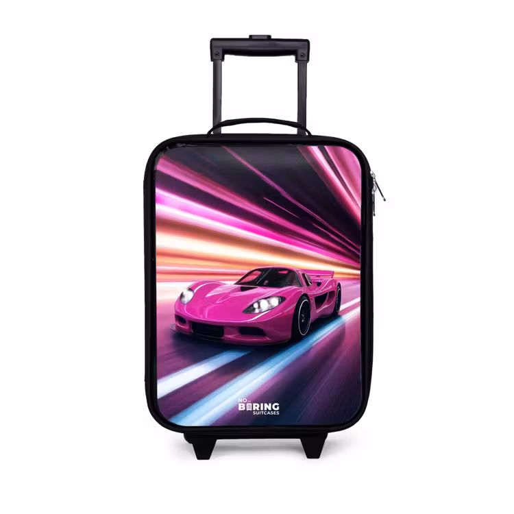 Roze raceauto flitst door neonlicht Kinderkoffer - Zwart klein -3d