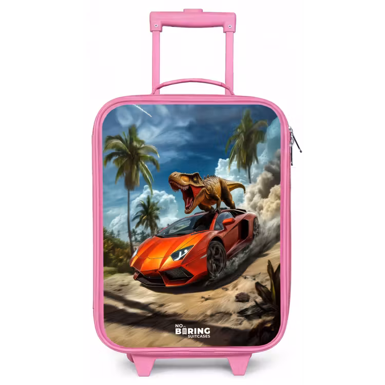 Rode sportauto met dino raast door tropisch strand Kinderkoffer - Roze klein -zz3dotto
