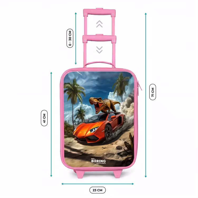 Rode sportauto met dino raast door tropisch strand Kinderkoffer - Roze klein -productfoto_formaten