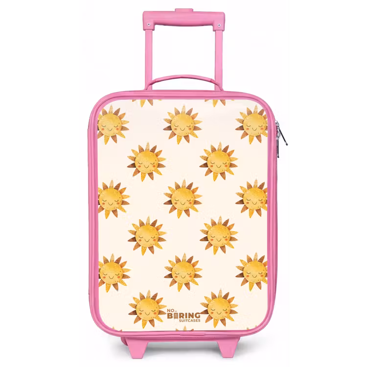Lachende zonnetjes als patroon op beige achtergrond Kinderkoffer - Roze klein -zz3dotto