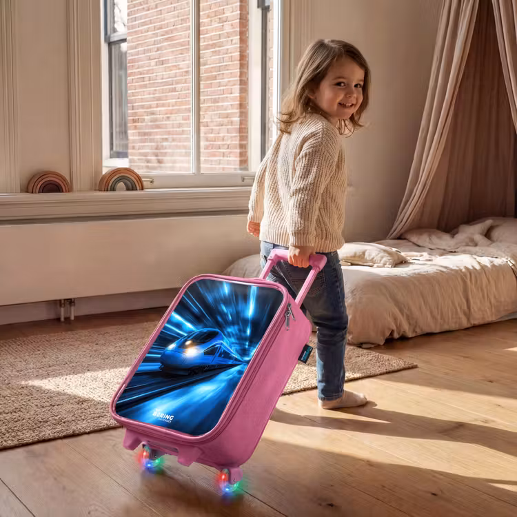Supersnelle trein in neonblauwe tunnel Kinderkoffer - Roze klein -sfeer1