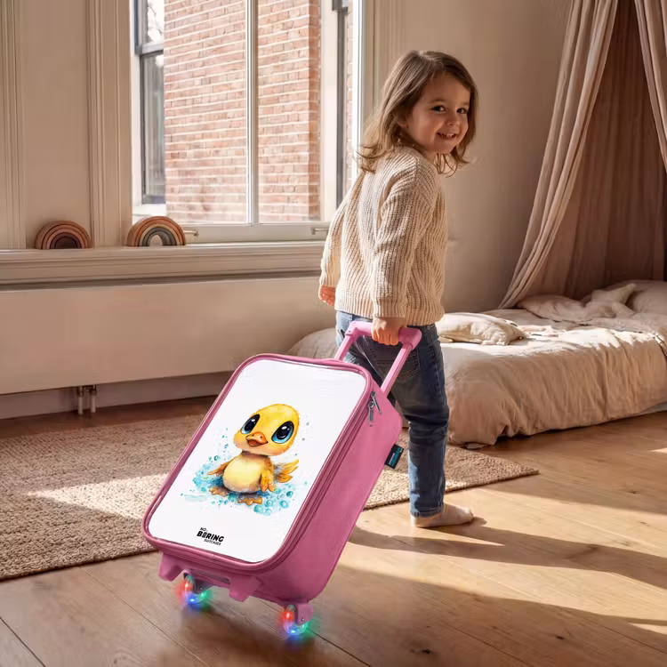 Lief eendje met blauwe ogen en waterspetters Kinderkoffer - Roze klein -sfeer1