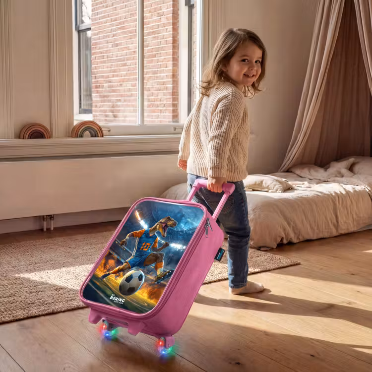 T-Rex als voetballer in vol stadion Kinderkoffer - Roze klein -sfeer1