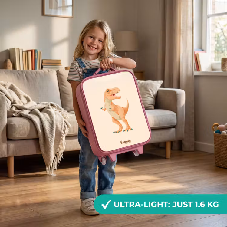 T-rex dino in oranje kleuren Kinderkoffer - Roze klein -sfeer2_EN