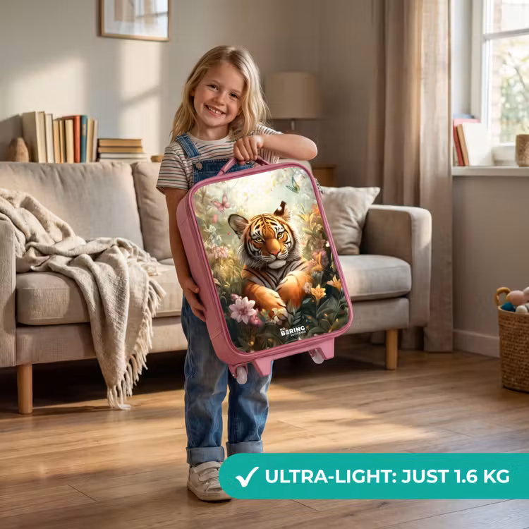 Tijger in bloemenveld met vlinders en zonlicht Kinderkoffer - Roze klein -sfeer2_EN