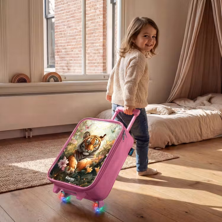 Tijger in bloemenveld met vlinders en zonlicht Kinderkoffer - Roze klein -sfeer1