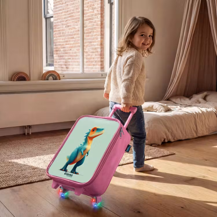 Stoere dino met grote ogen Kinderkoffer - Roze klein -sfeer1
