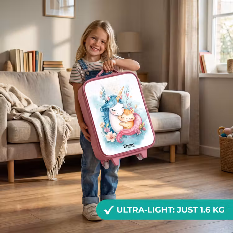 Eenhoorn met blauwe manen en oranje kitten Kinderkoffer - Roze klein -sfeer2_EN