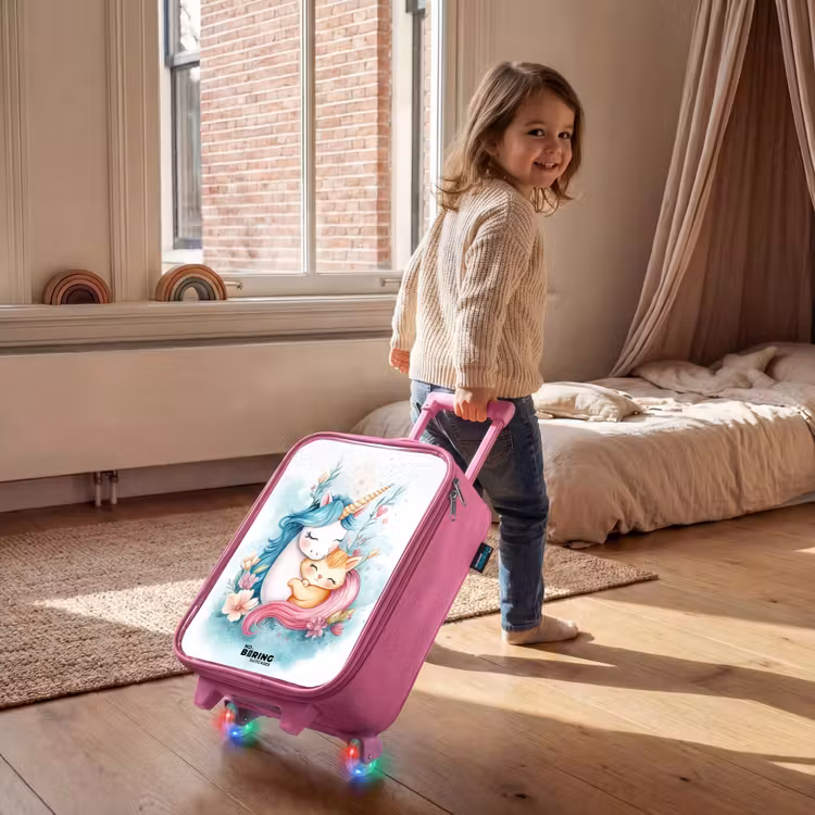 Eenhoorn met blauwe manen en oranje kitten Kinderkoffer - Roze klein -sfeer1