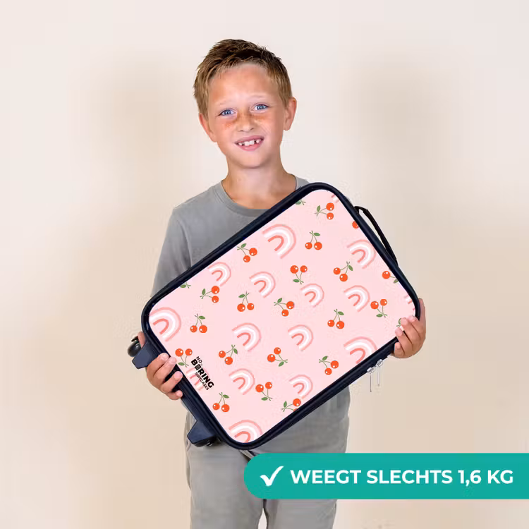 Roze met regenboog en kersen patroon Kinderkoffer - Zwart klein -sfeer4_NL