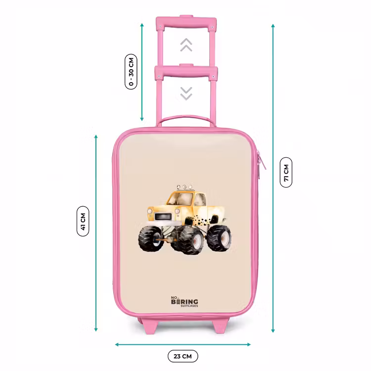 Gele monstertruck op een beige achtergrond Kinderkoffer - Roze klein -productfoto_formaten