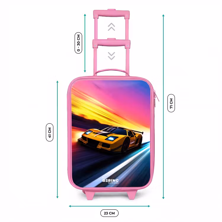Gele raceauto bij kleurrijke zonsondergang Kinderkoffer - Roze klein -productfoto_formaten