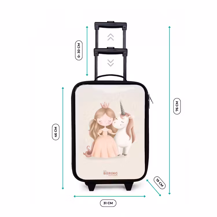 Prinses en een eenhoorn in pastel kleuren Kinderkoffer - Zwart klein -productfoto_formaten
