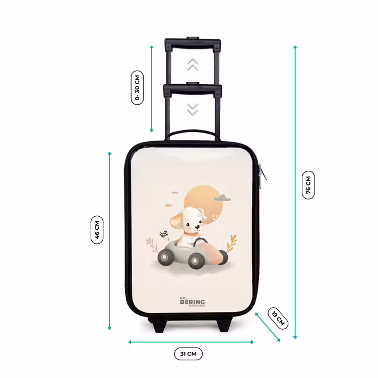 Puppy in een raceauto in beige kleuren Kinderkoffer - Zwart klein -productfoto_formaten