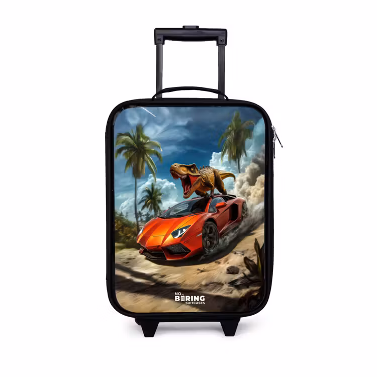 Rode sportauto met dino raast door tropisch strand Kinderkoffer - Zwart klein -3d
