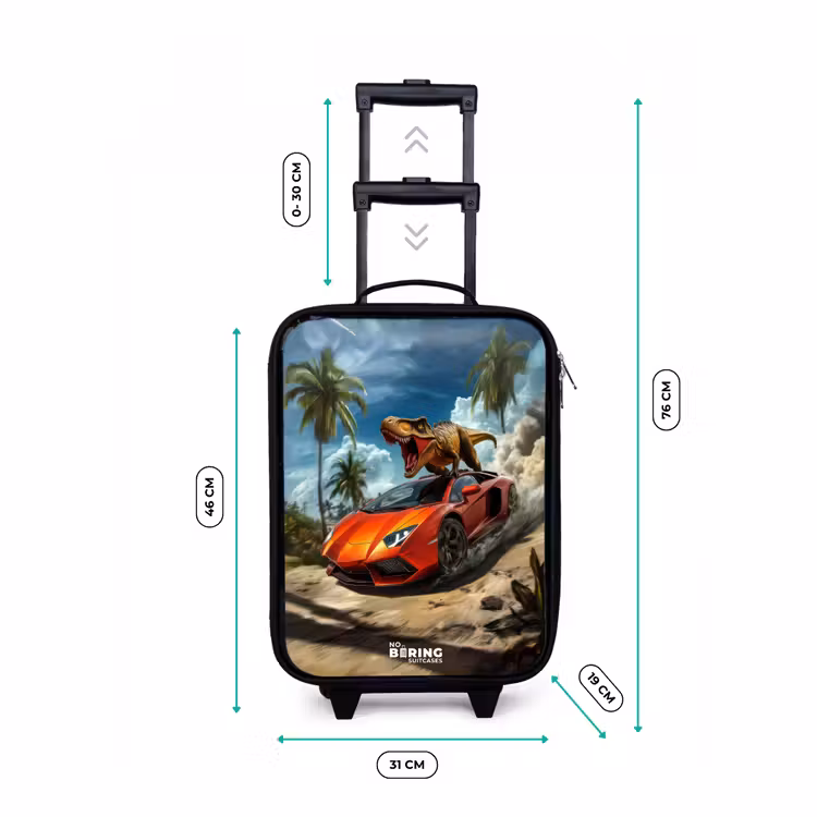 Rode sportauto met dino raast door tropisch strand Kinderkoffer - Zwart klein -productfoto_formaten