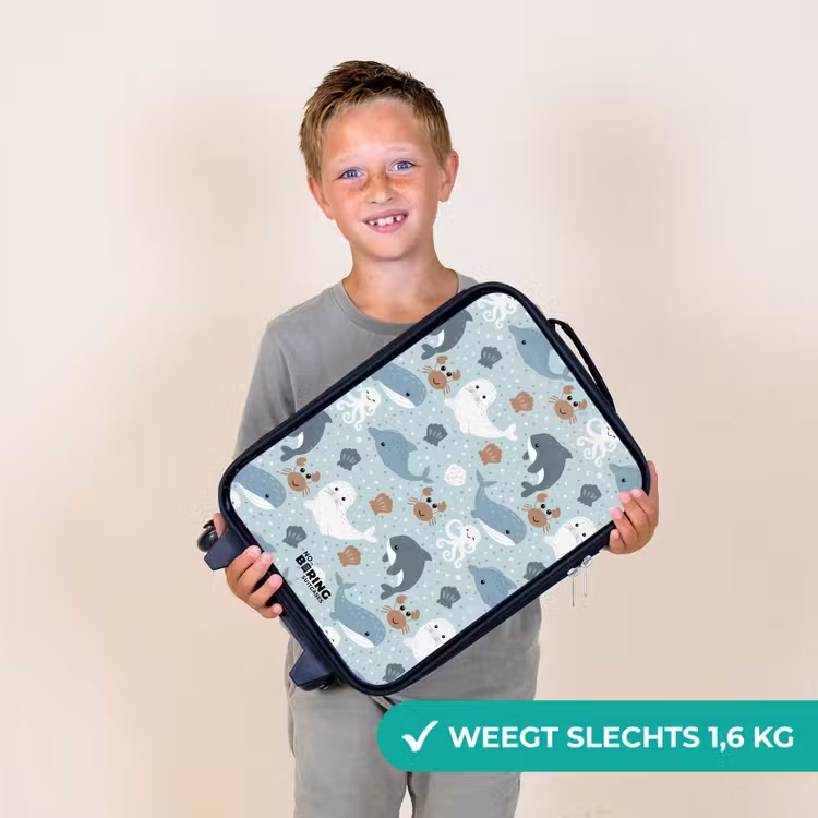 Zeedierenpatroon met dolfijnen, zeehonden en krabben Kinderkoffer - Zwart klein -sfeer4_NL