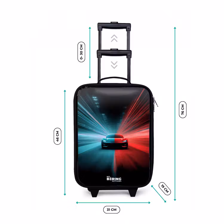 Sportwagen - Lichtstralen - Neon - Blauw Kinderkoffer - Zwart klein -productfoto_formaten