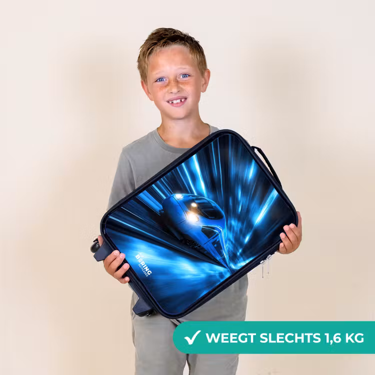 Supersnelle trein in neonblauwe tunnel Kinderkoffer - Zwart klein -sfeer4_NL