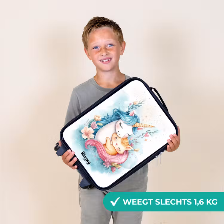 Eenhoorn met blauwe manen en oranje kitten Kinderkoffer - Zwart klein -sfeer4_NL