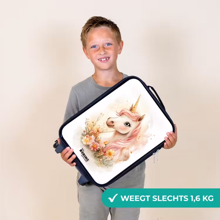 Eenhoorn met roze manen tussen pastelbloemen Kinderkoffer - Zwart klein -sfeer4_NL