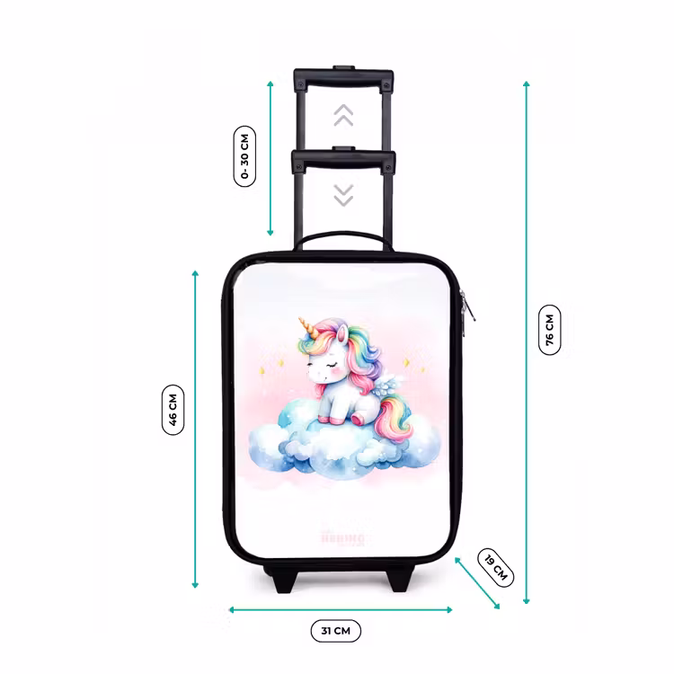 Eenhoorn met regenboogmanen op een wolk Kinderkoffer - Zwart klein -productfoto_formaten