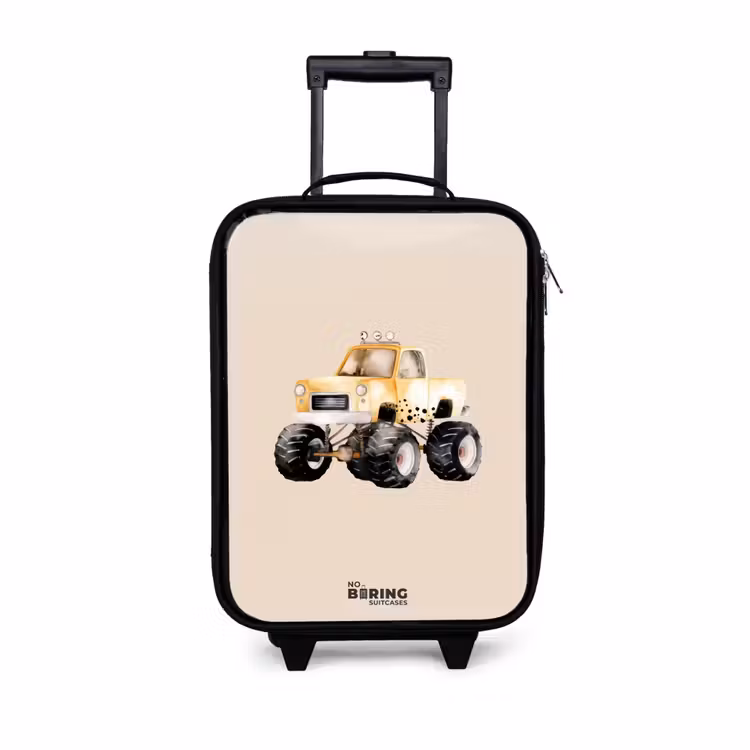 Gele monstertruck op een beige achtergrond Kinderkoffer - Zwart klein -3d