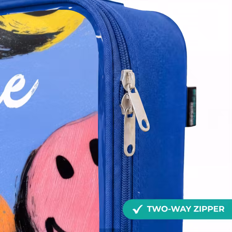 Een speels en kunstzinnig patroon van kleurrijke smileys Kinderkoffer - Blauw klein -rits_EN
