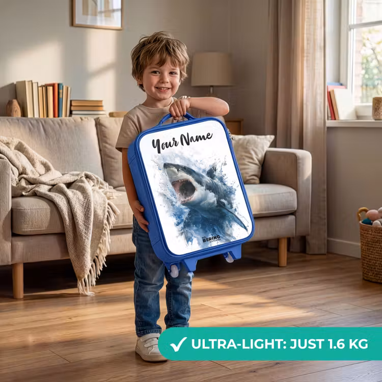 Aanvallende haai in waterverf Kinderkoffer - Blauw klein -sfeer2_EN