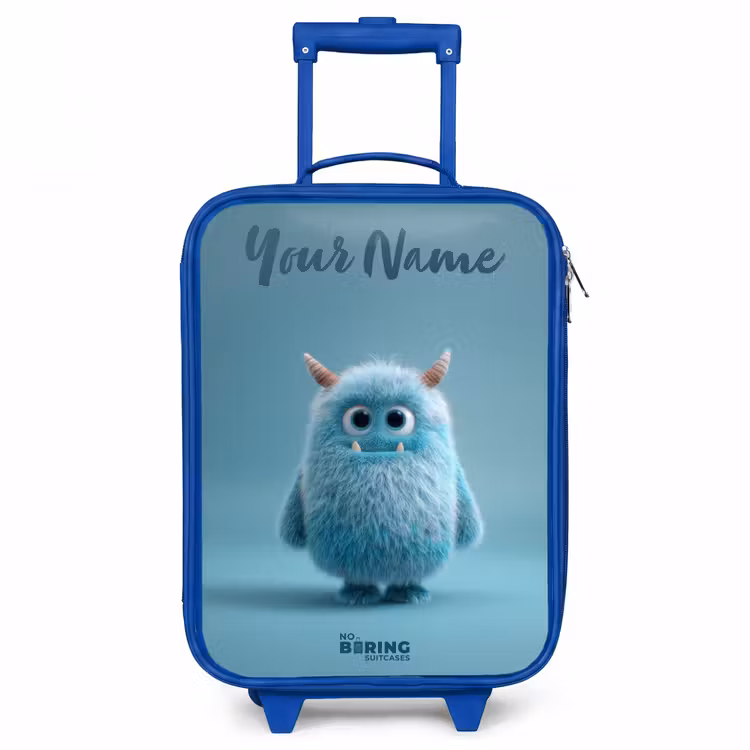 Blauw pluizig monster met hoorns Kinderkoffer - Blauw klein -3d