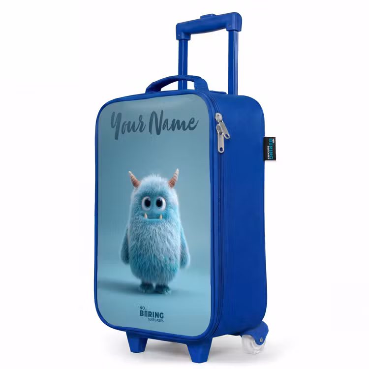 Blauw pluizig monster met hoorns Kinderkoffer - Blauw klein -productfoto_schuin