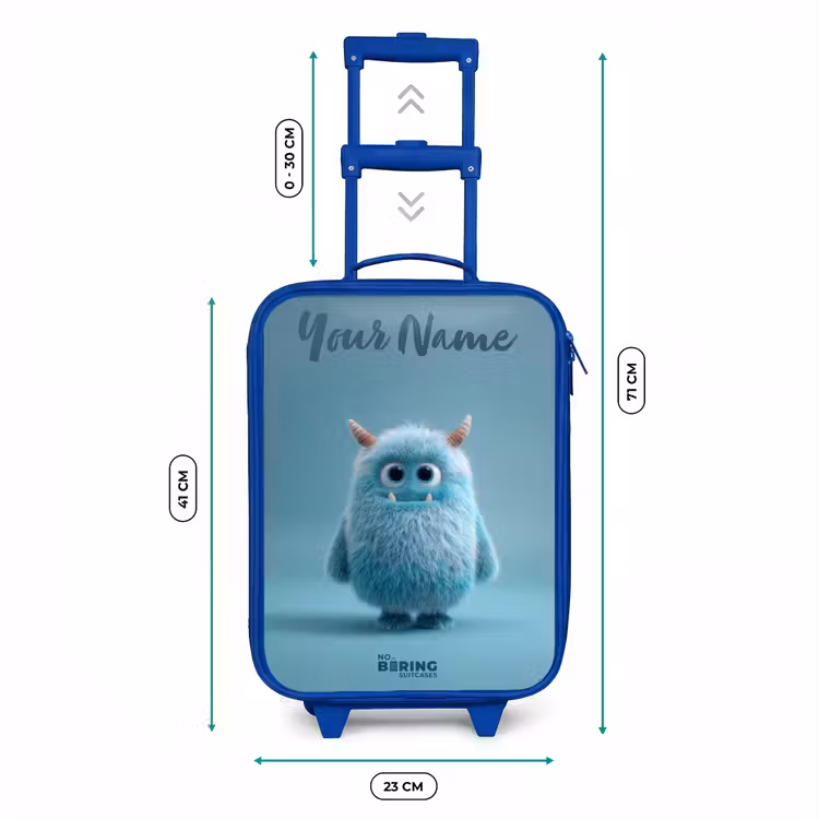 Blauw pluizig monster met hoorns Kinderkoffer - Blauw klein -productfoto_formaten