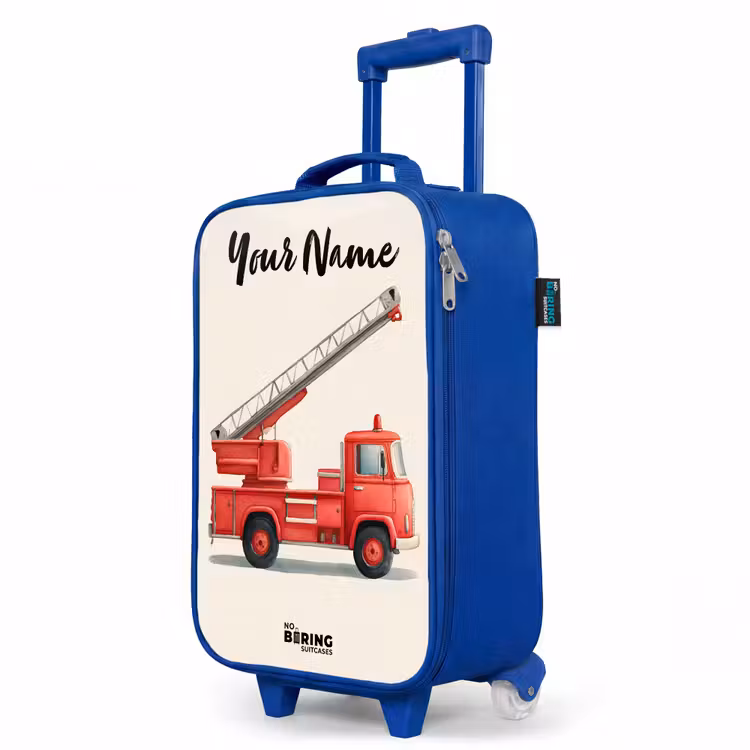Brandweerwagen - Getekend - Rood Kinderkoffer - Blauw klein -productfoto_schuin