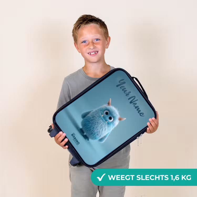 Blauw pluizig monster met hoorns Kinderkoffer - Zwart klein -sfeer4_NL